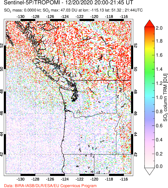 A sulfur dioxide image over Cascade Range, USA on Dec 20, 2020.