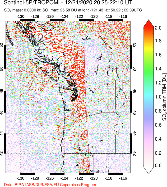 A sulfur dioxide image over Cascade Range, USA on Dec 24, 2020.