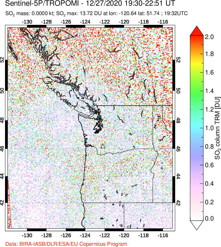 A sulfur dioxide image over Cascade Range, USA on Dec 27, 2020.