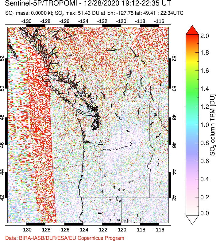 A sulfur dioxide image over Cascade Range, USA on Dec 28, 2020.