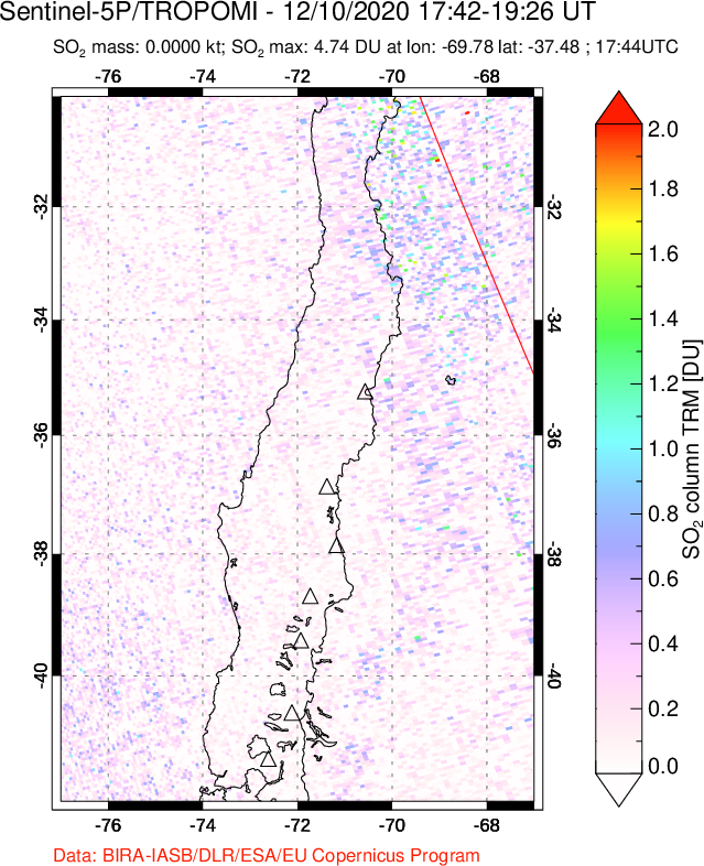 A sulfur dioxide image over Central Chile on Dec 10, 2020.