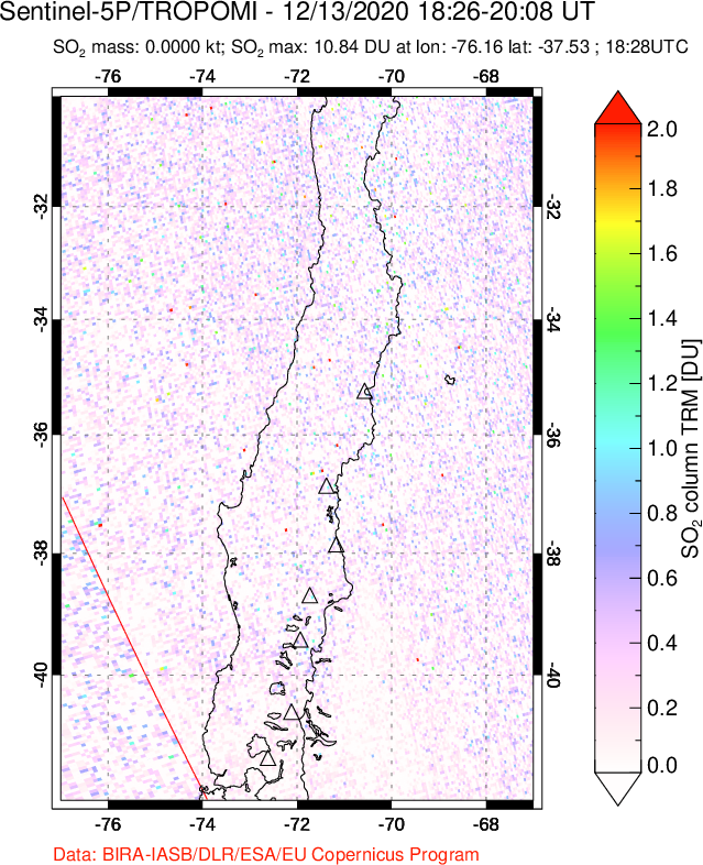 A sulfur dioxide image over Central Chile on Dec 13, 2020.
