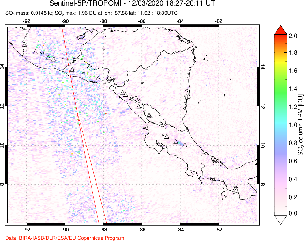 A sulfur dioxide image over Central America on Dec 03, 2020.