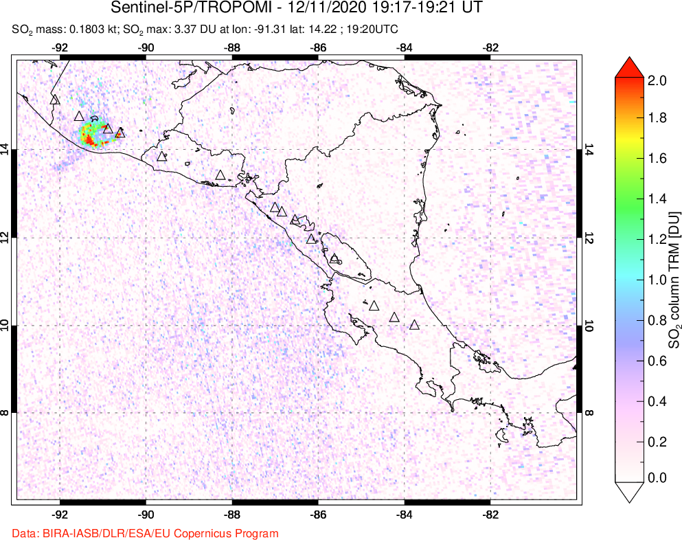 A sulfur dioxide image over Central America on Dec 11, 2020.