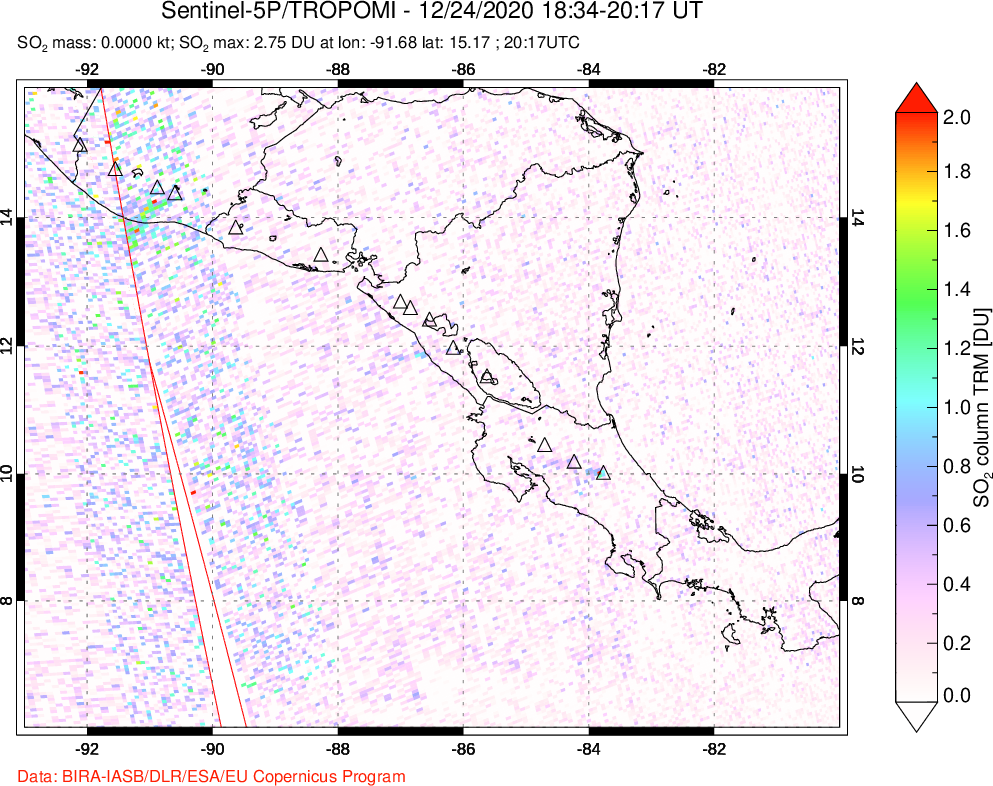 A sulfur dioxide image over Central America on Dec 24, 2020.
