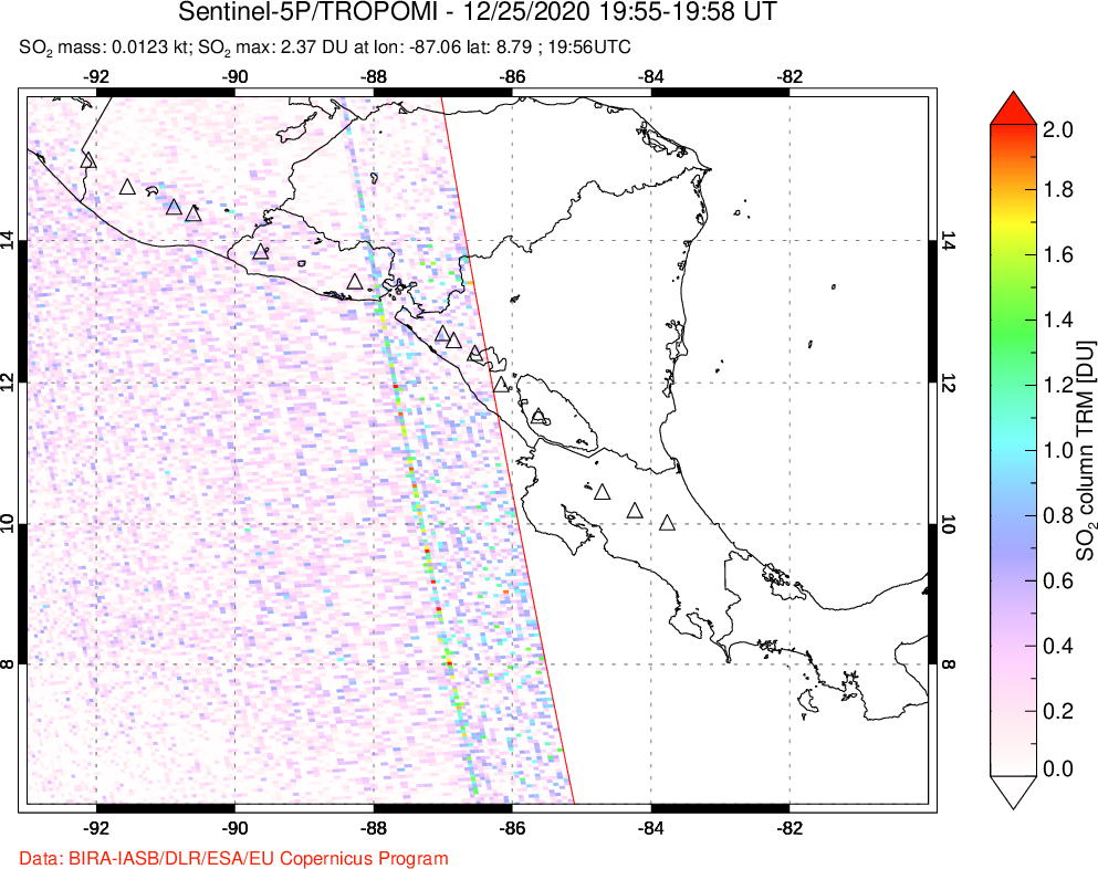 A sulfur dioxide image over Central America on Dec 25, 2020.