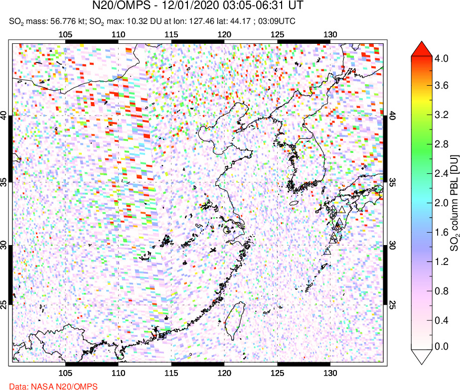 A sulfur dioxide image over Eastern China on Dec 01, 2020.