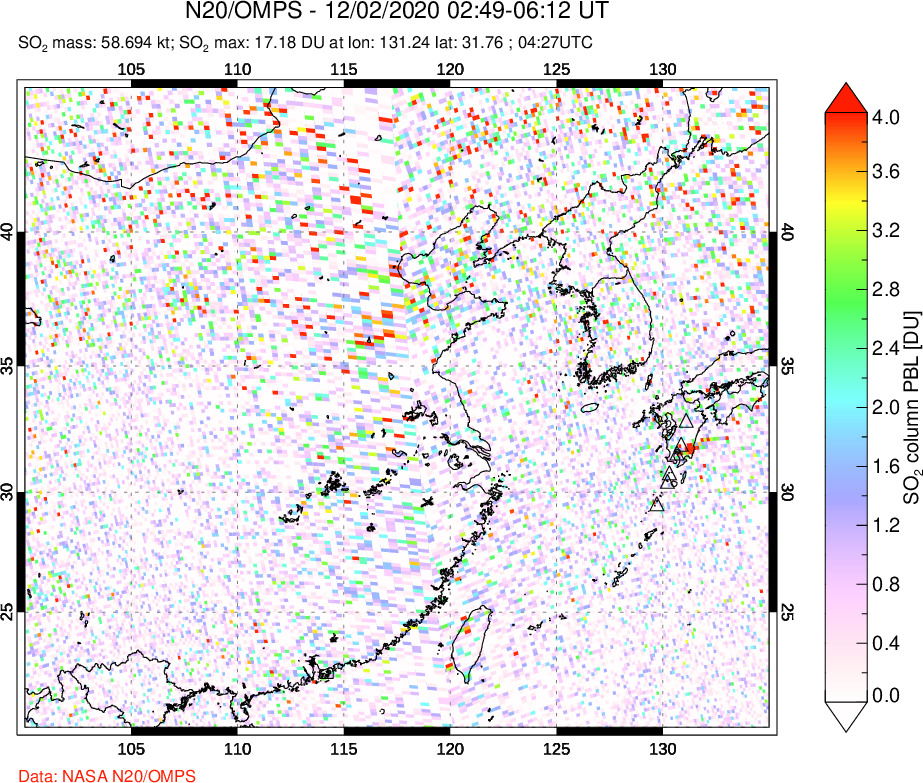 A sulfur dioxide image over Eastern China on Dec 02, 2020.