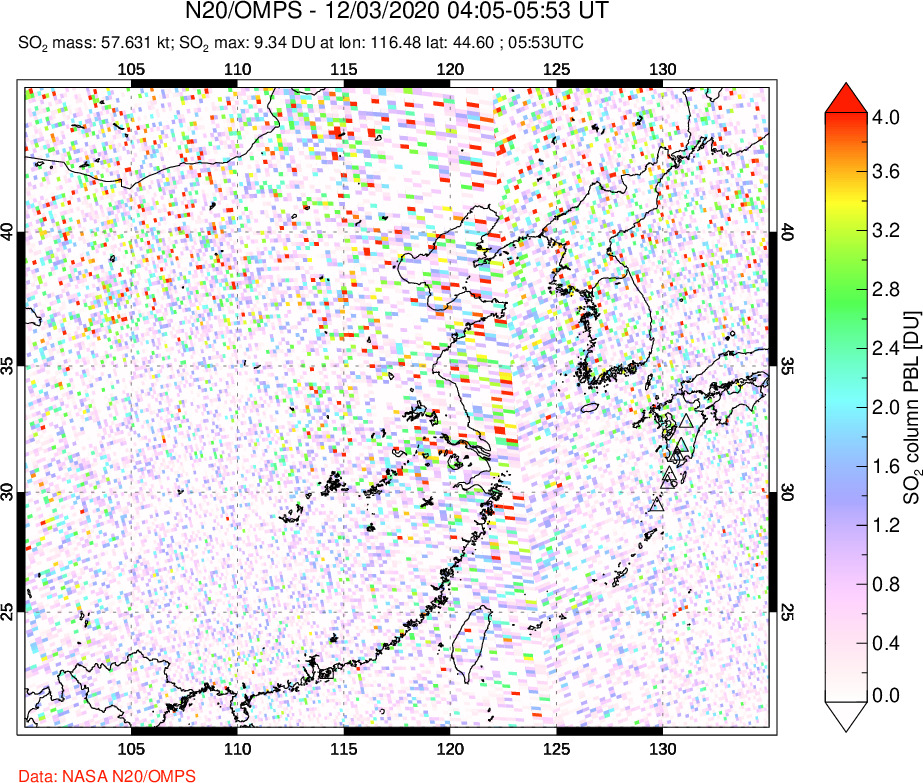 A sulfur dioxide image over Eastern China on Dec 03, 2020.