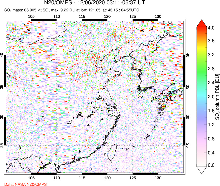 A sulfur dioxide image over Eastern China on Dec 06, 2020.