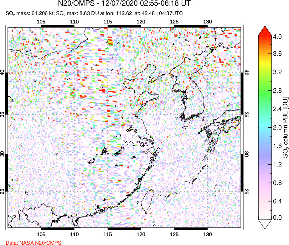 A sulfur dioxide image over Eastern China on Dec 07, 2020.