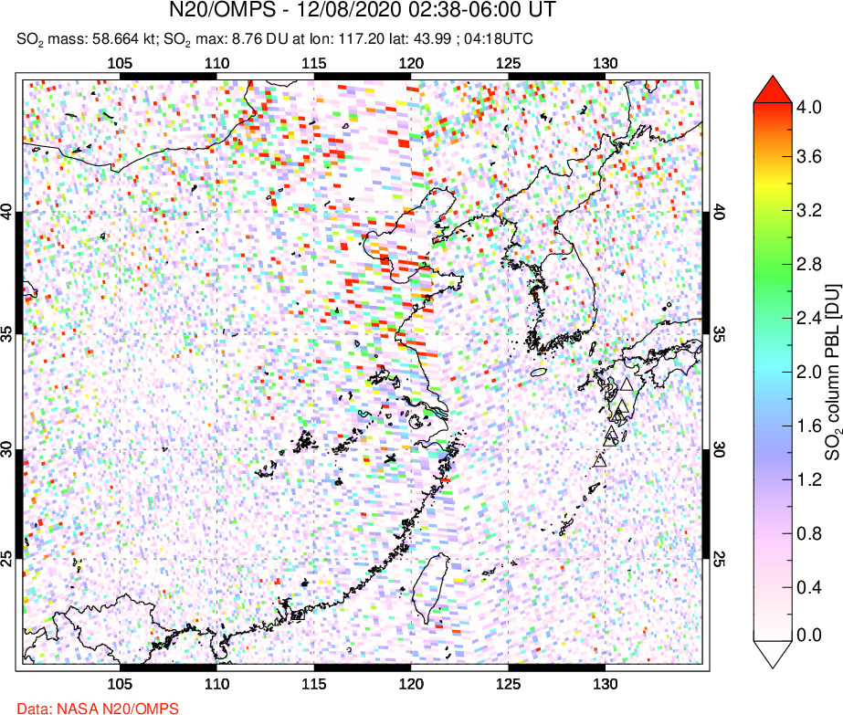 A sulfur dioxide image over Eastern China on Dec 08, 2020.