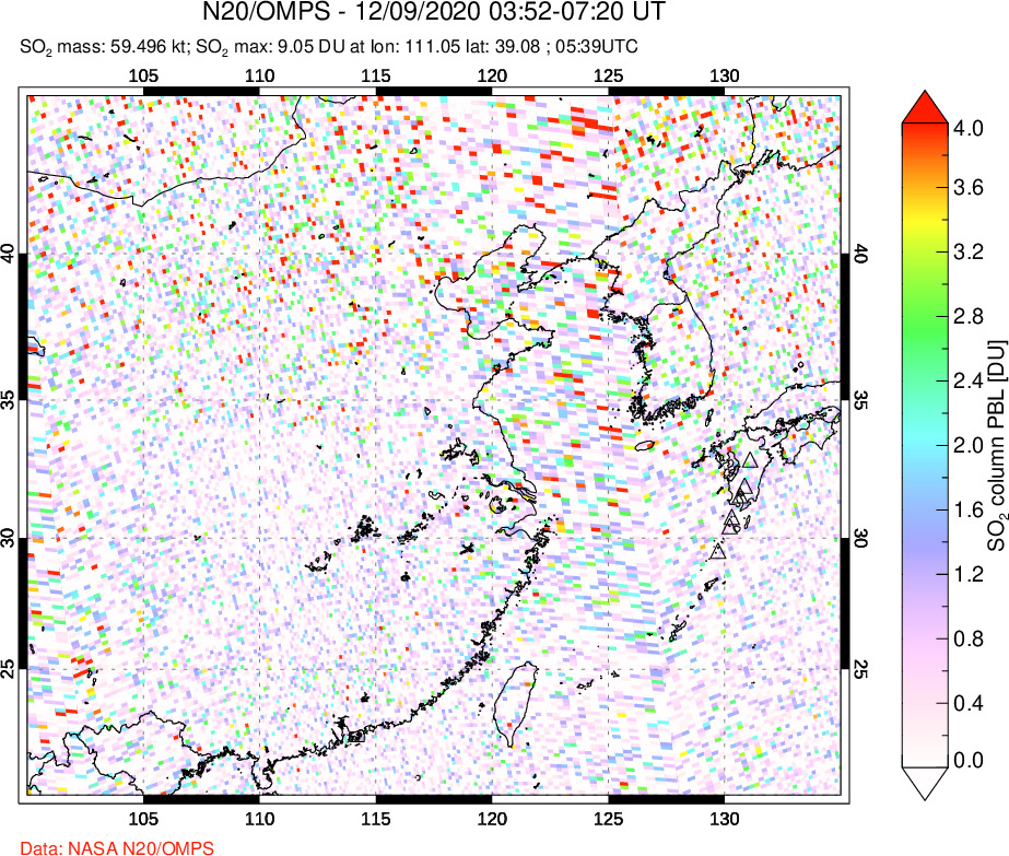 A sulfur dioxide image over Eastern China on Dec 09, 2020.