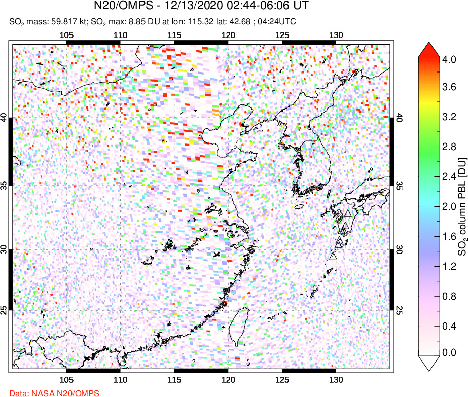 A sulfur dioxide image over Eastern China on Dec 13, 2020.