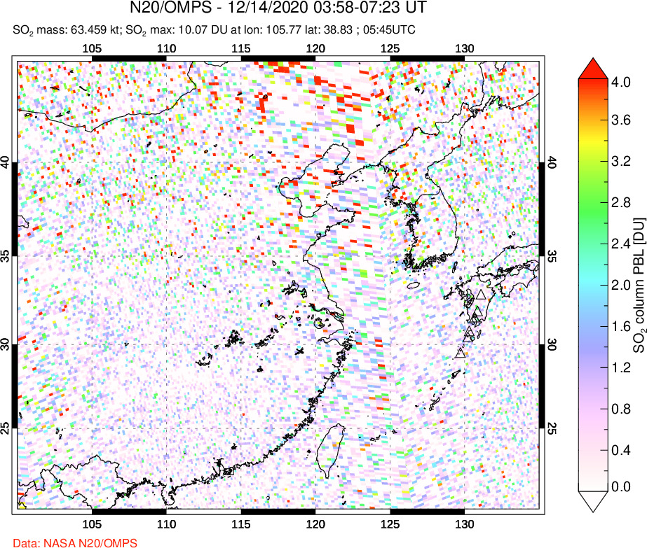 A sulfur dioxide image over Eastern China on Dec 14, 2020.