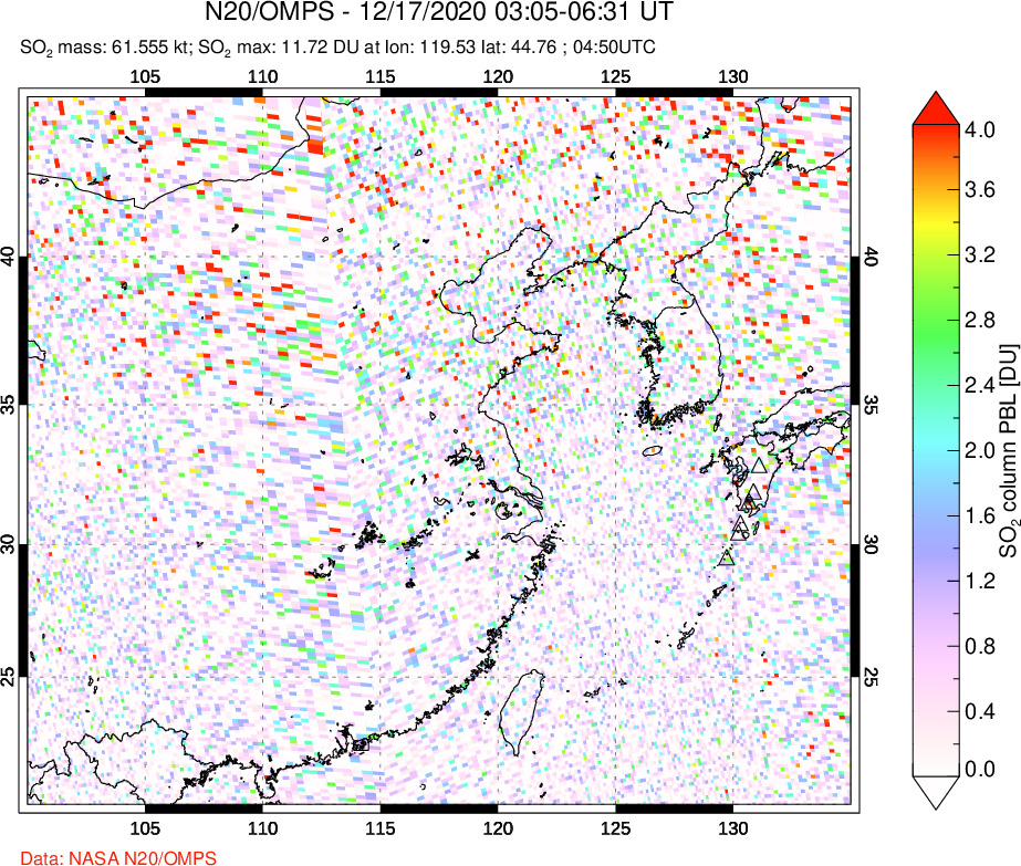 A sulfur dioxide image over Eastern China on Dec 17, 2020.