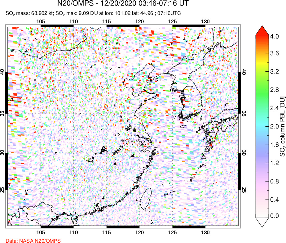 A sulfur dioxide image over Eastern China on Dec 20, 2020.