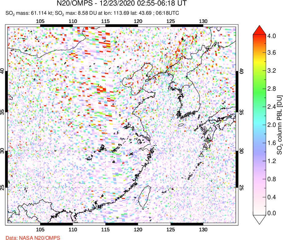 A sulfur dioxide image over Eastern China on Dec 23, 2020.