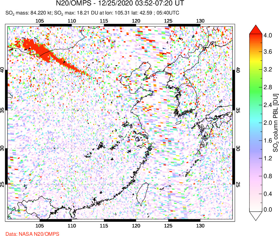 A sulfur dioxide image over Eastern China on Dec 25, 2020.