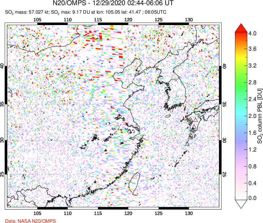 A sulfur dioxide image over Eastern China on Dec 29, 2020.