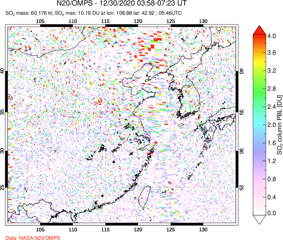 A sulfur dioxide image over Eastern China on Dec 30, 2020.