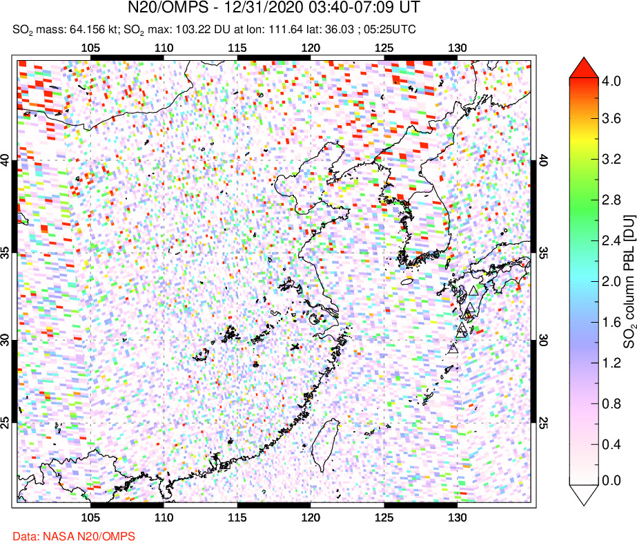 A sulfur dioxide image over Eastern China on Dec 31, 2020.