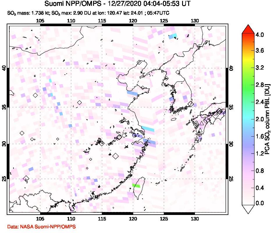 A sulfur dioxide image over Eastern China on Dec 27, 2020.