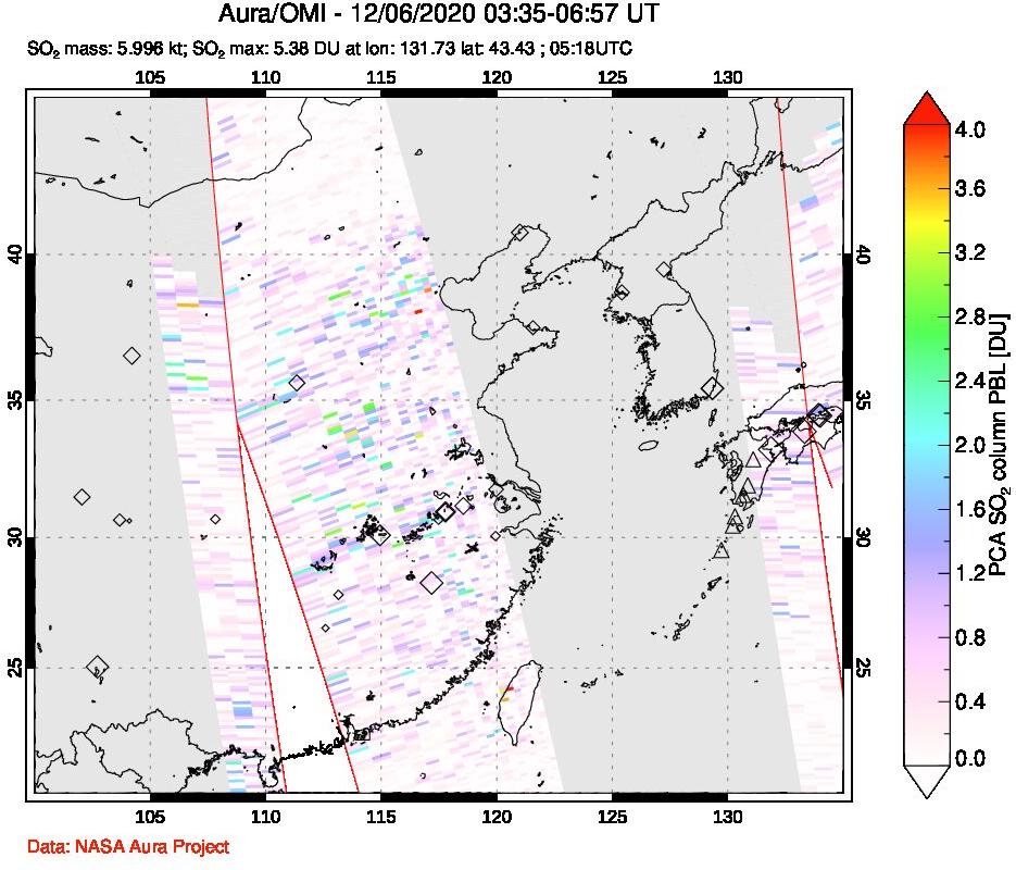 A sulfur dioxide image over Eastern China on Dec 06, 2020.