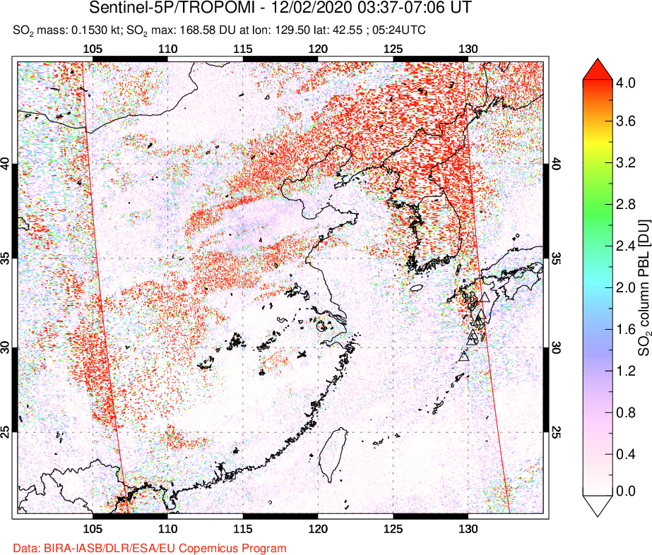 A sulfur dioxide image over Eastern China on Dec 02, 2020.