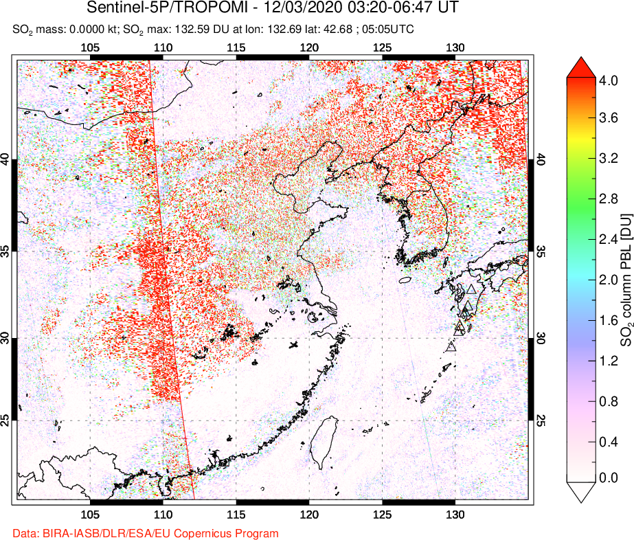 A sulfur dioxide image over Eastern China on Dec 03, 2020.
