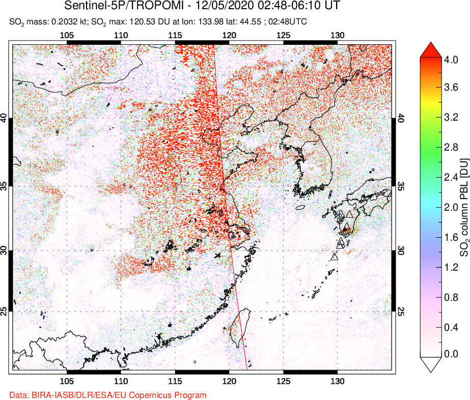 A sulfur dioxide image over Eastern China on Dec 05, 2020.