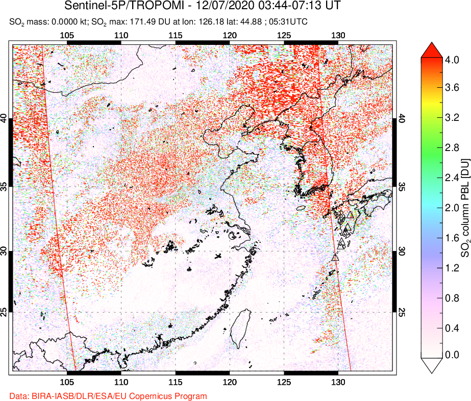 A sulfur dioxide image over Eastern China on Dec 07, 2020.