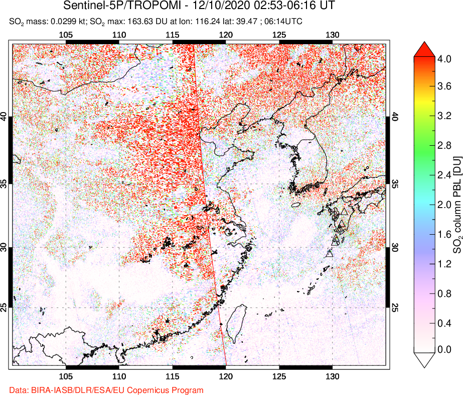 A sulfur dioxide image over Eastern China on Dec 10, 2020.