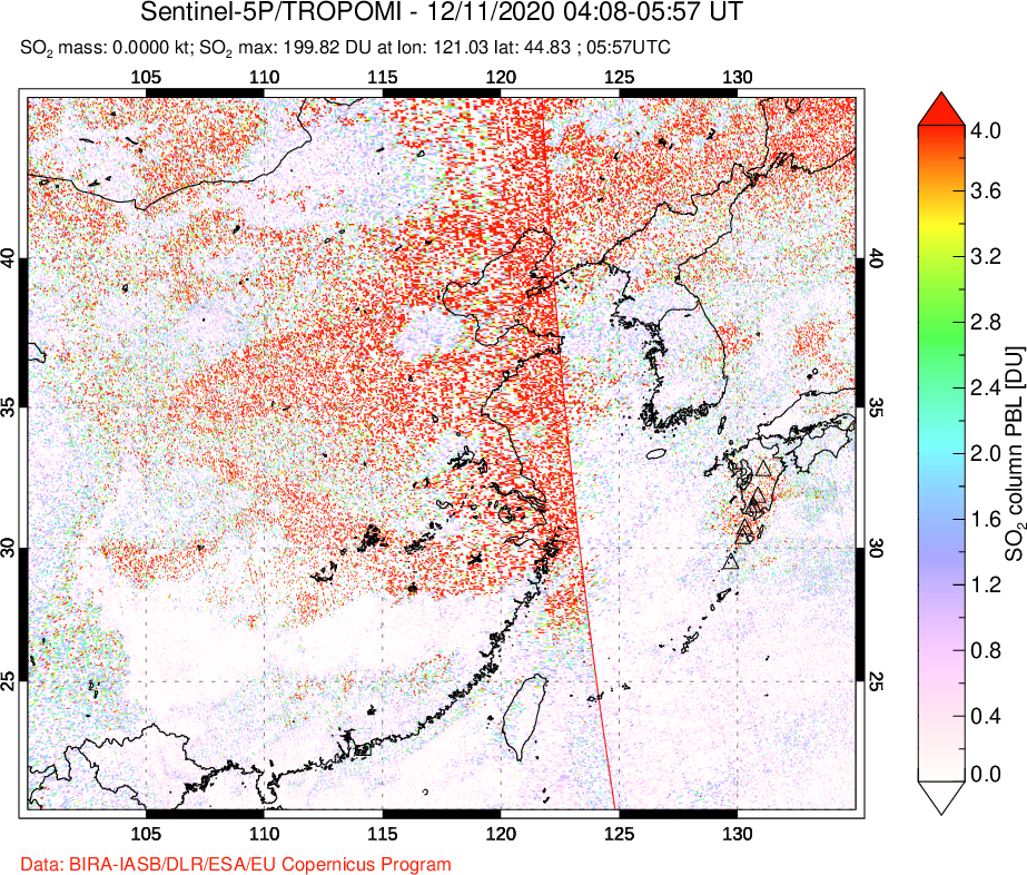 A sulfur dioxide image over Eastern China on Dec 11, 2020.