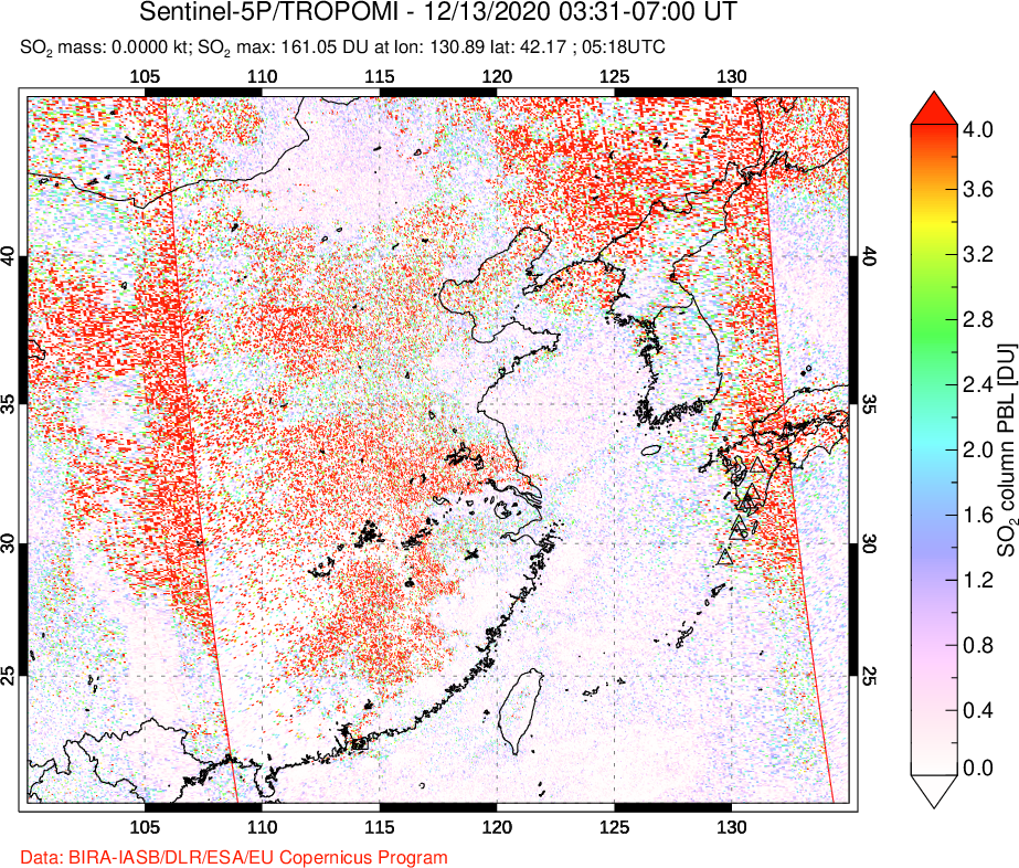 A sulfur dioxide image over Eastern China on Dec 13, 2020.