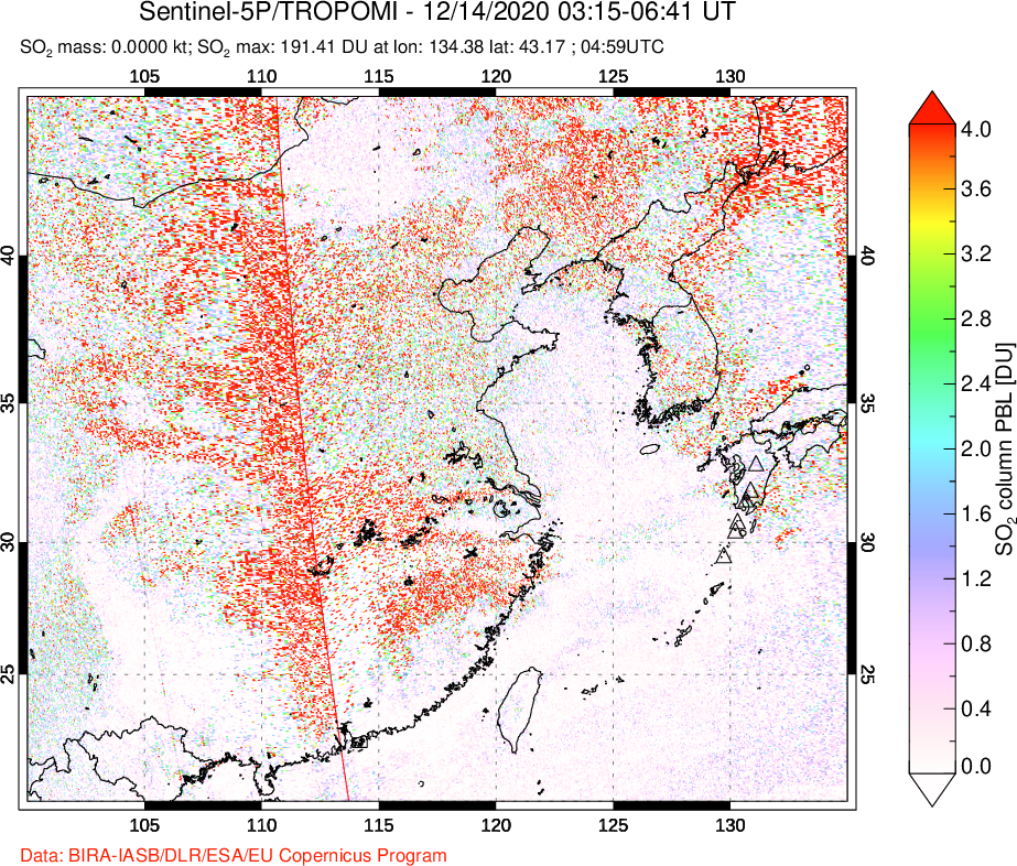 A sulfur dioxide image over Eastern China on Dec 14, 2020.