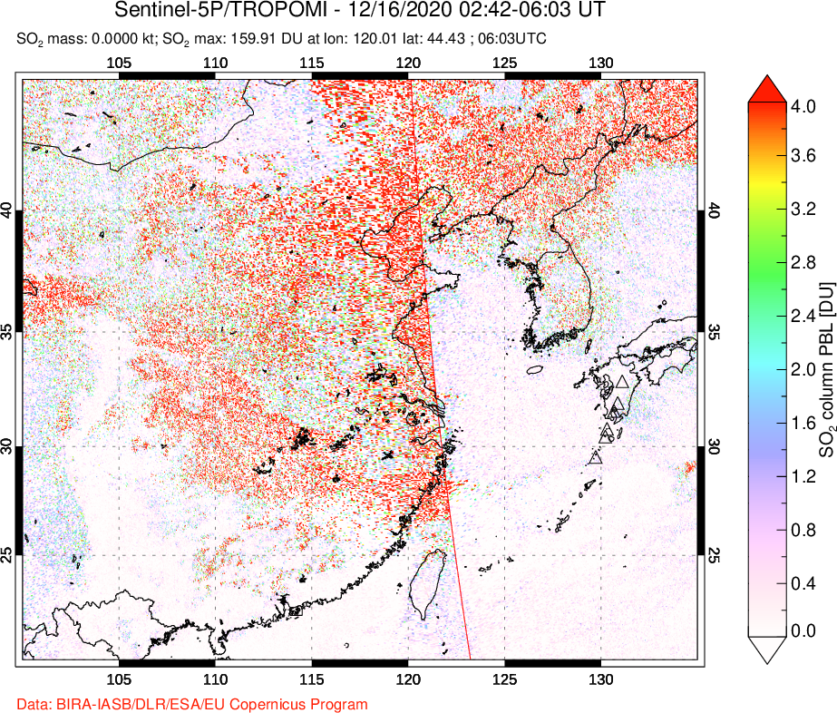 A sulfur dioxide image over Eastern China on Dec 16, 2020.