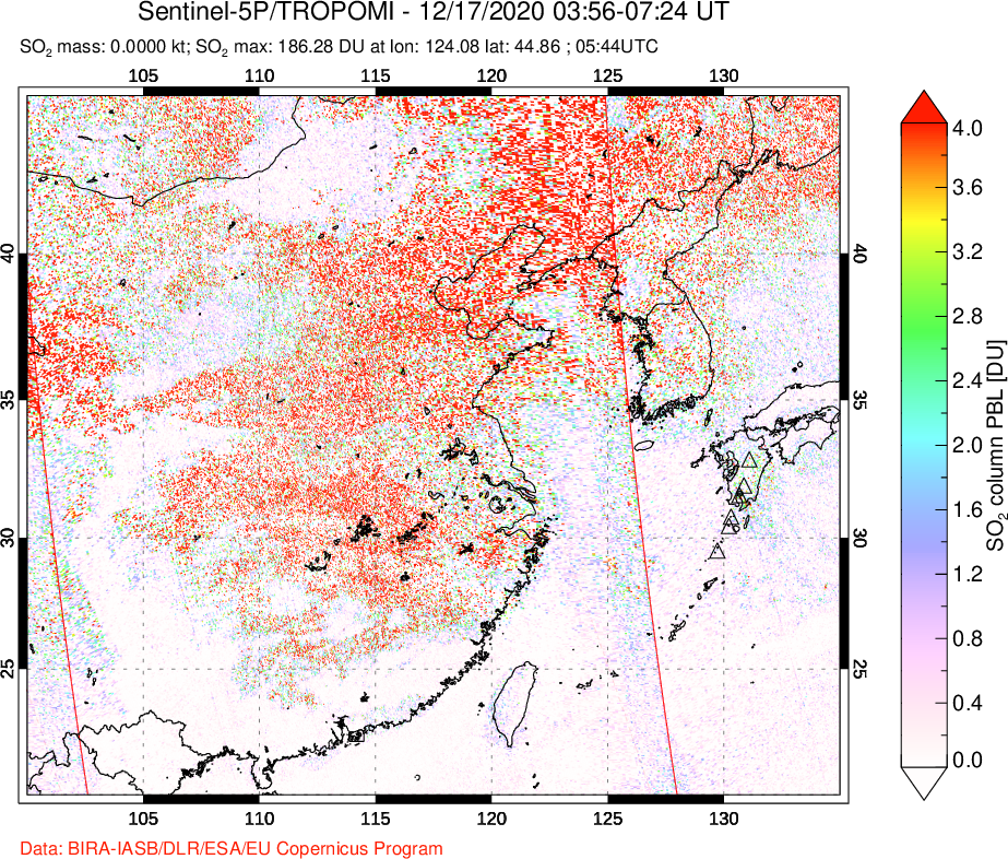 A sulfur dioxide image over Eastern China on Dec 17, 2020.