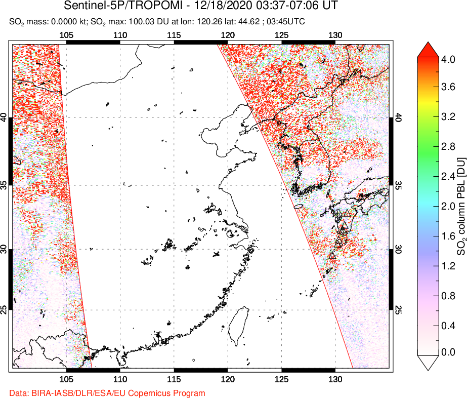 A sulfur dioxide image over Eastern China on Dec 18, 2020.