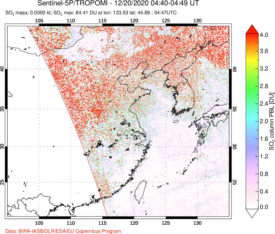 A sulfur dioxide image over Eastern China on Dec 20, 2020.