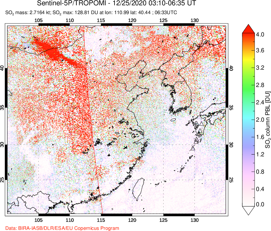 A sulfur dioxide image over Eastern China on Dec 25, 2020.