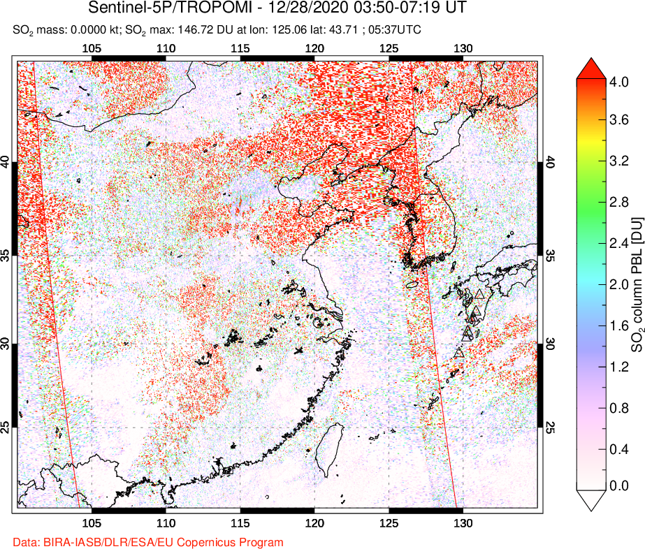 A sulfur dioxide image over Eastern China on Dec 28, 2020.