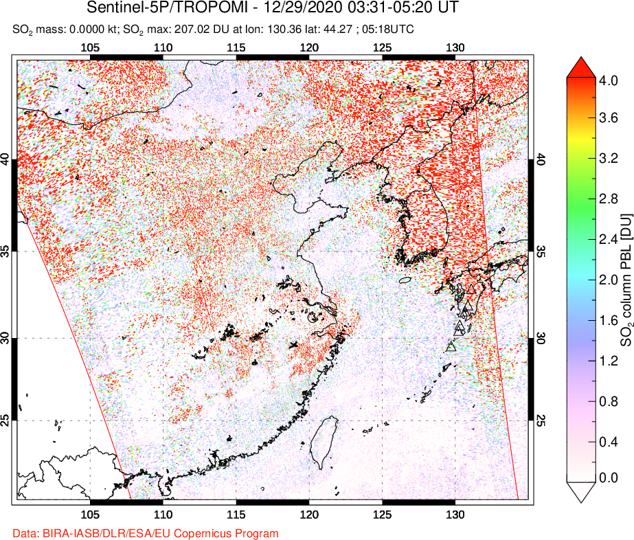 A sulfur dioxide image over Eastern China on Dec 29, 2020.