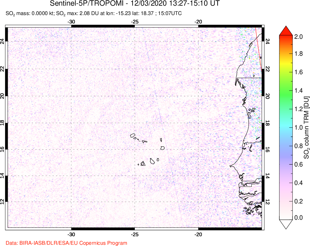 A sulfur dioxide image over Cape Verde Islands on Dec 03, 2020.