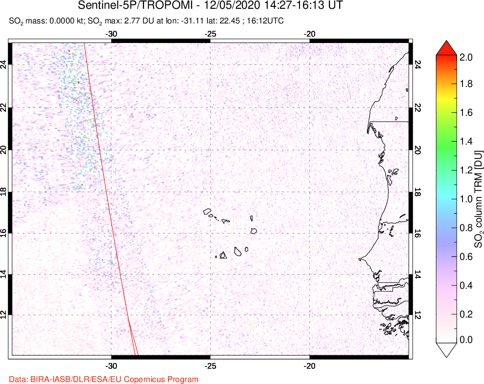 A sulfur dioxide image over Cape Verde Islands on Dec 05, 2020.