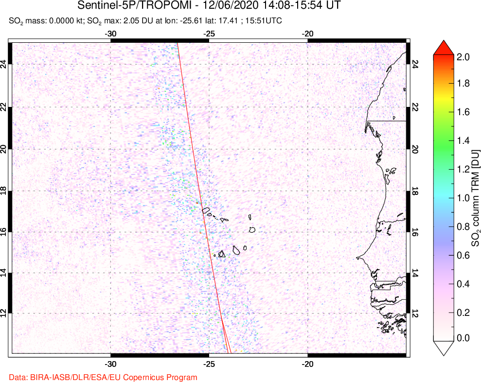 A sulfur dioxide image over Cape Verde Islands on Dec 06, 2020.