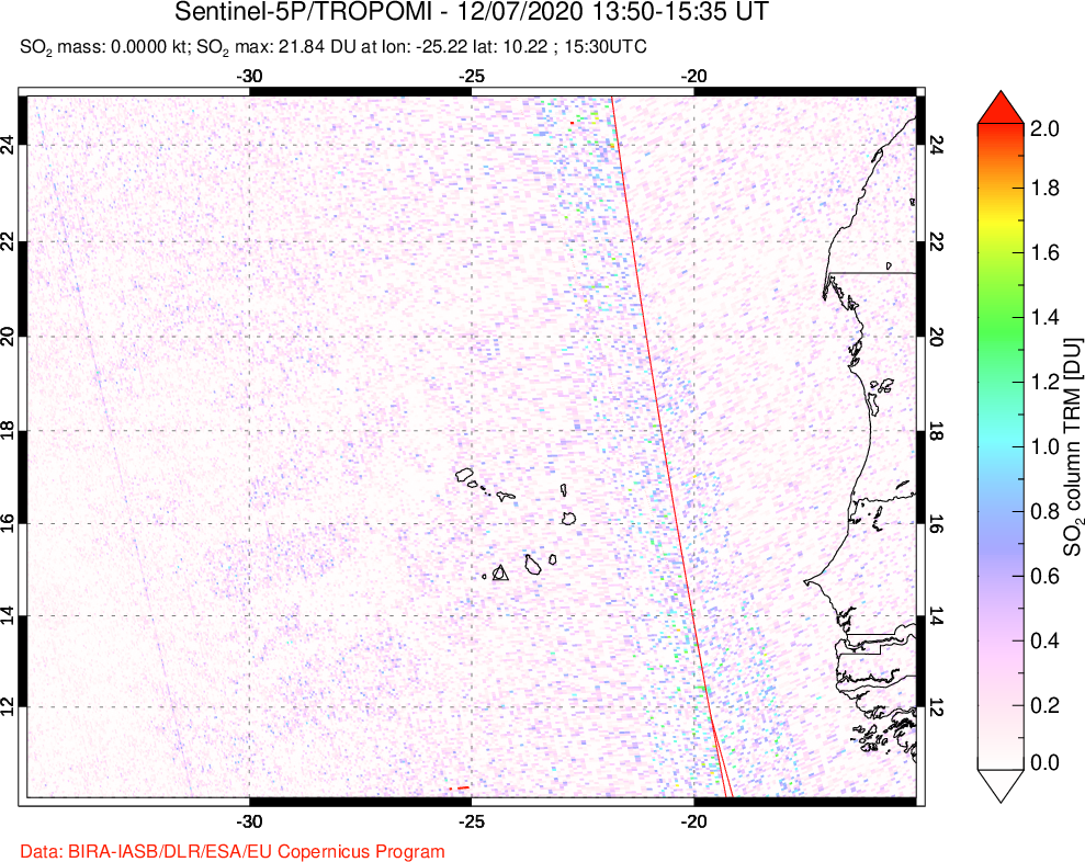 A sulfur dioxide image over Cape Verde Islands on Dec 07, 2020.