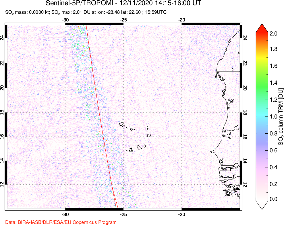 A sulfur dioxide image over Cape Verde Islands on Dec 11, 2020.