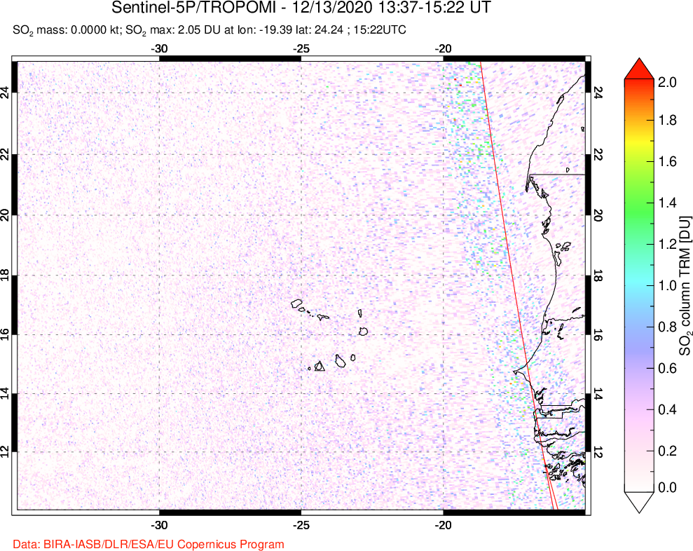 A sulfur dioxide image over Cape Verde Islands on Dec 13, 2020.