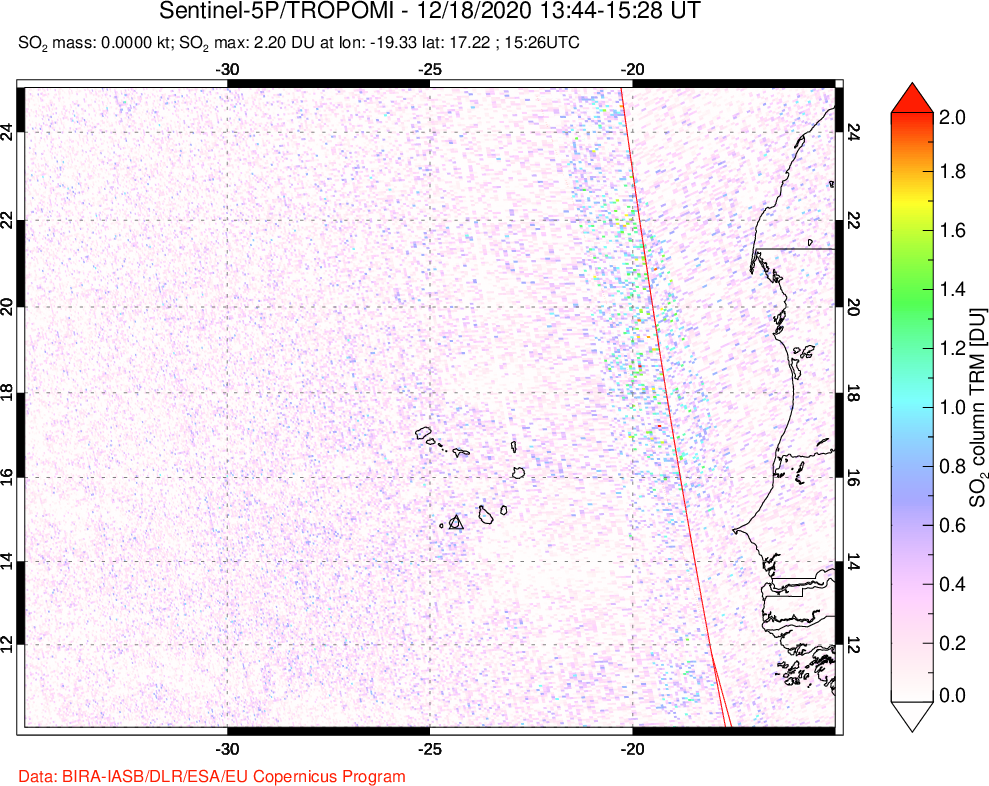 A sulfur dioxide image over Cape Verde Islands on Dec 18, 2020.